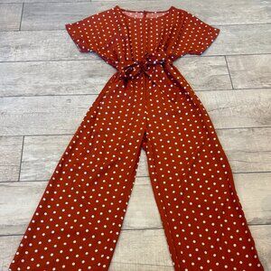 Polka Dot AOP Jumpsuit Orange Short Sleeve Wide‎ Leg Peek A Boo Back Size Large